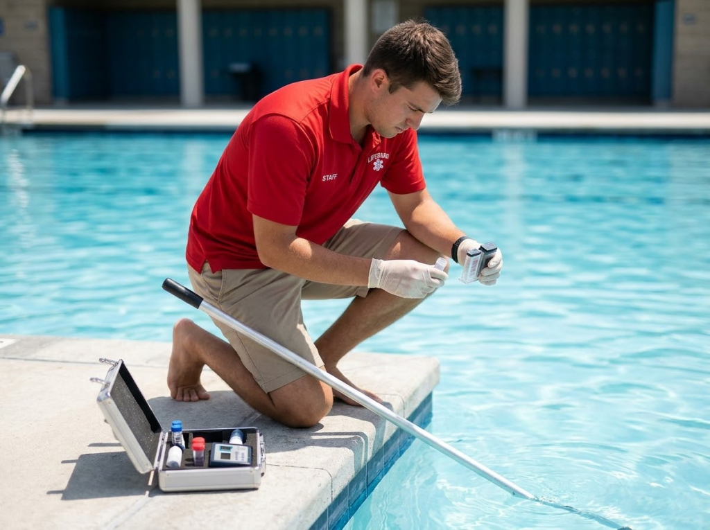A lifeguard uses a testing kit to check pool water.