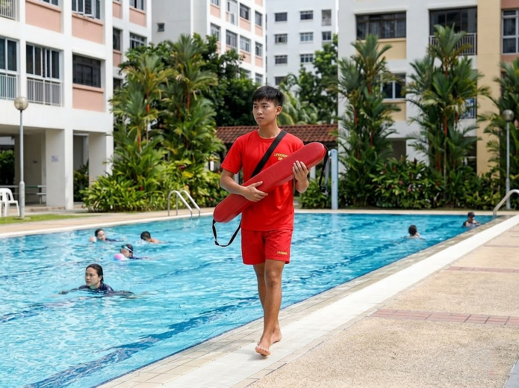 Lifeguard patrols a condominium pool, holding a rescue tube.